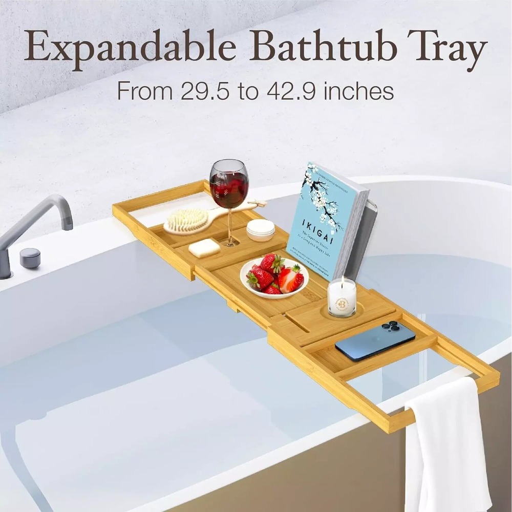 NEW - Bamboo Bathtub Tray Table - Collapsible & Adjustable Bathtub Caddy